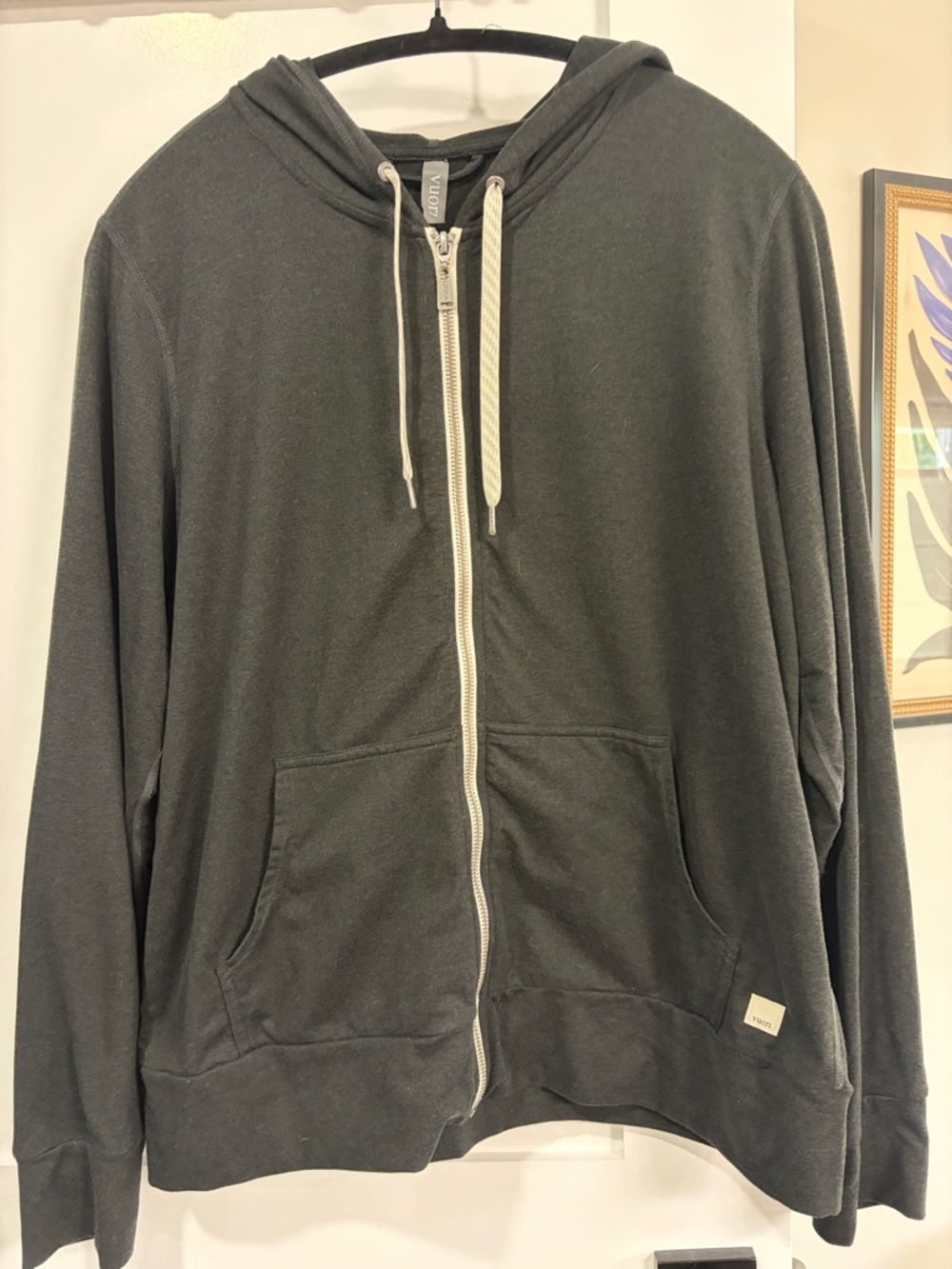 Vuori Dark Charcoal Zip-Up Hoodie with Cream Drawstrings